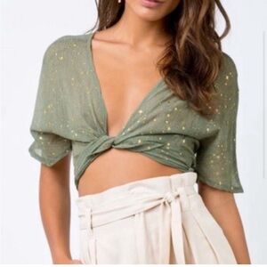 Princess Polly Olive green wrap top with gold stars